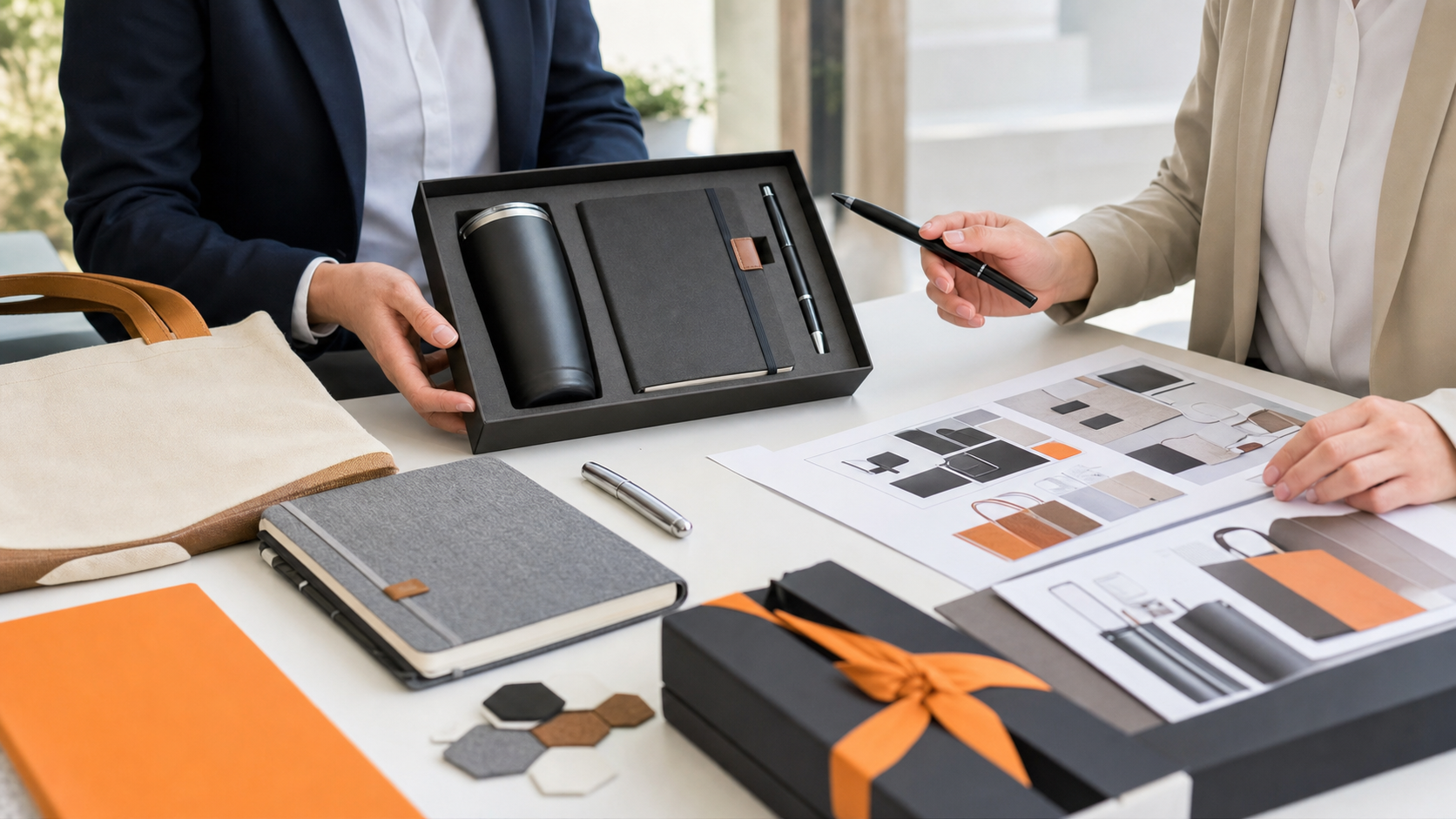 B2B corporate gift buyer reviewing custom gift set samples with supplier
