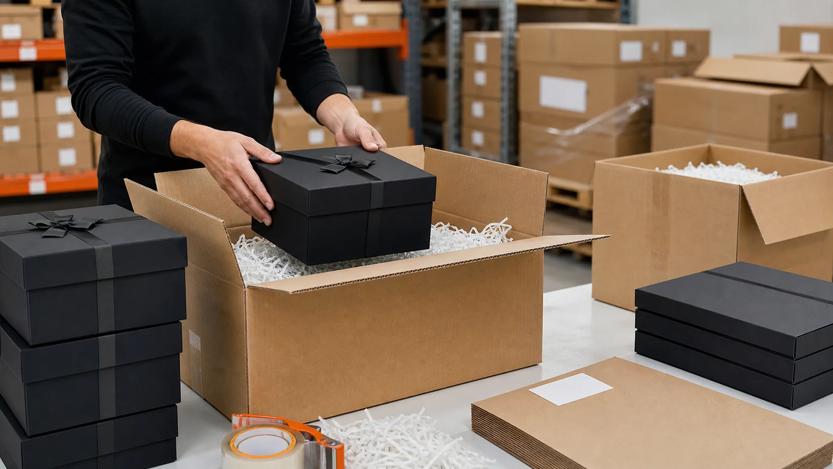 Bulk corporate gift set shipping cartons with packing labels and delivery planning