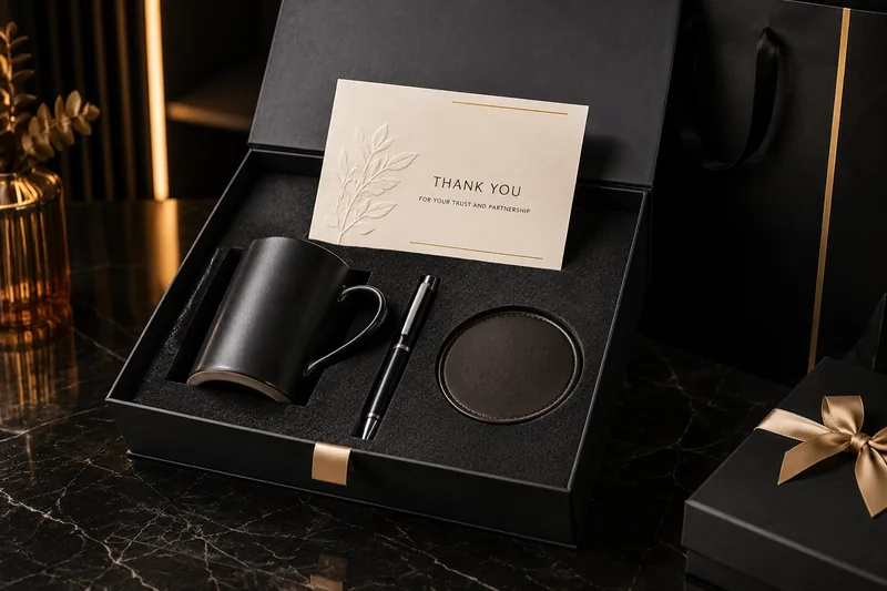 Custom client thank you gift box with branded products and packaging