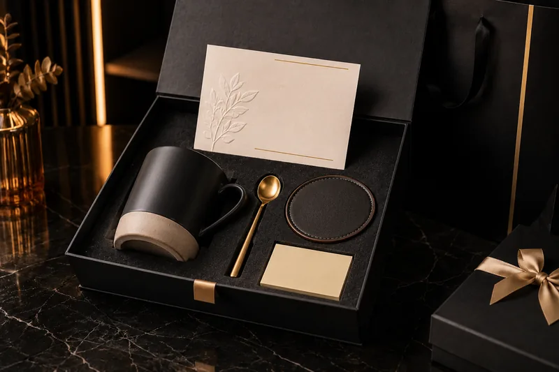 Coffee break office gift set with mug coaster spoon sticky notes and gift box
