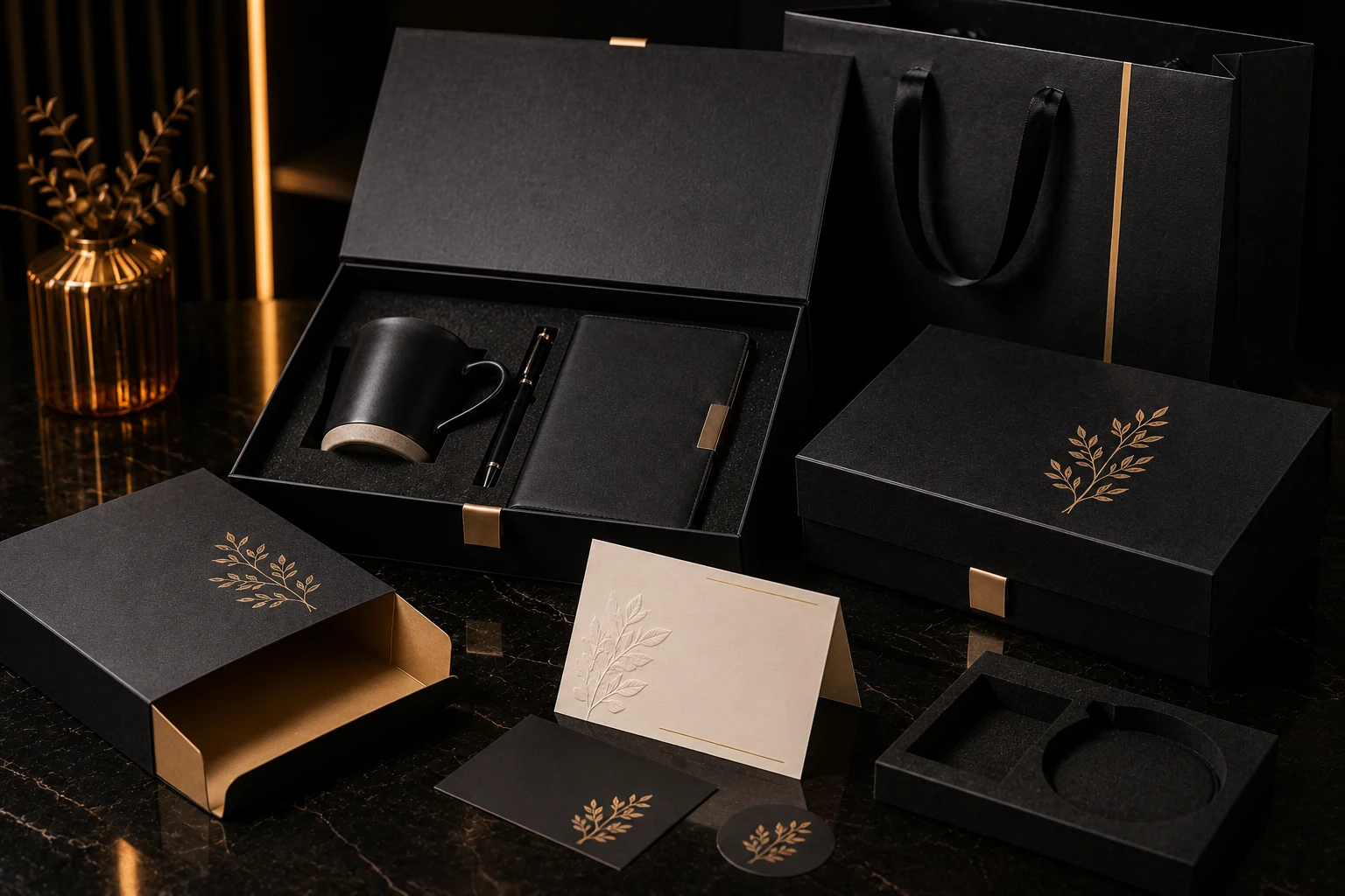 Corporate gift box packaging with branded box card bag and premium product arrangement
