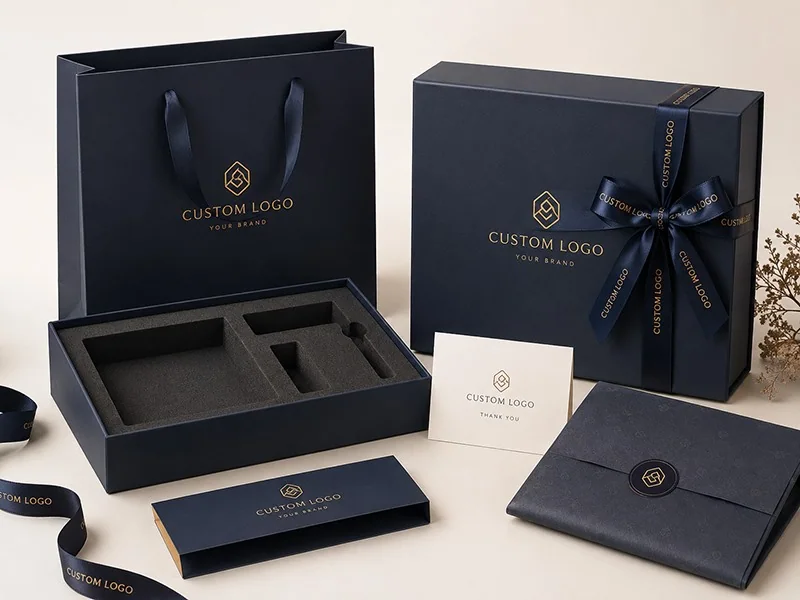 custom luxury gift box packaging with branded bag and ribbon