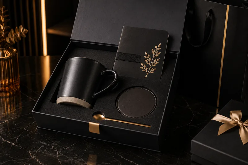 Custom mug gift set with branded packaging for corporate gifting