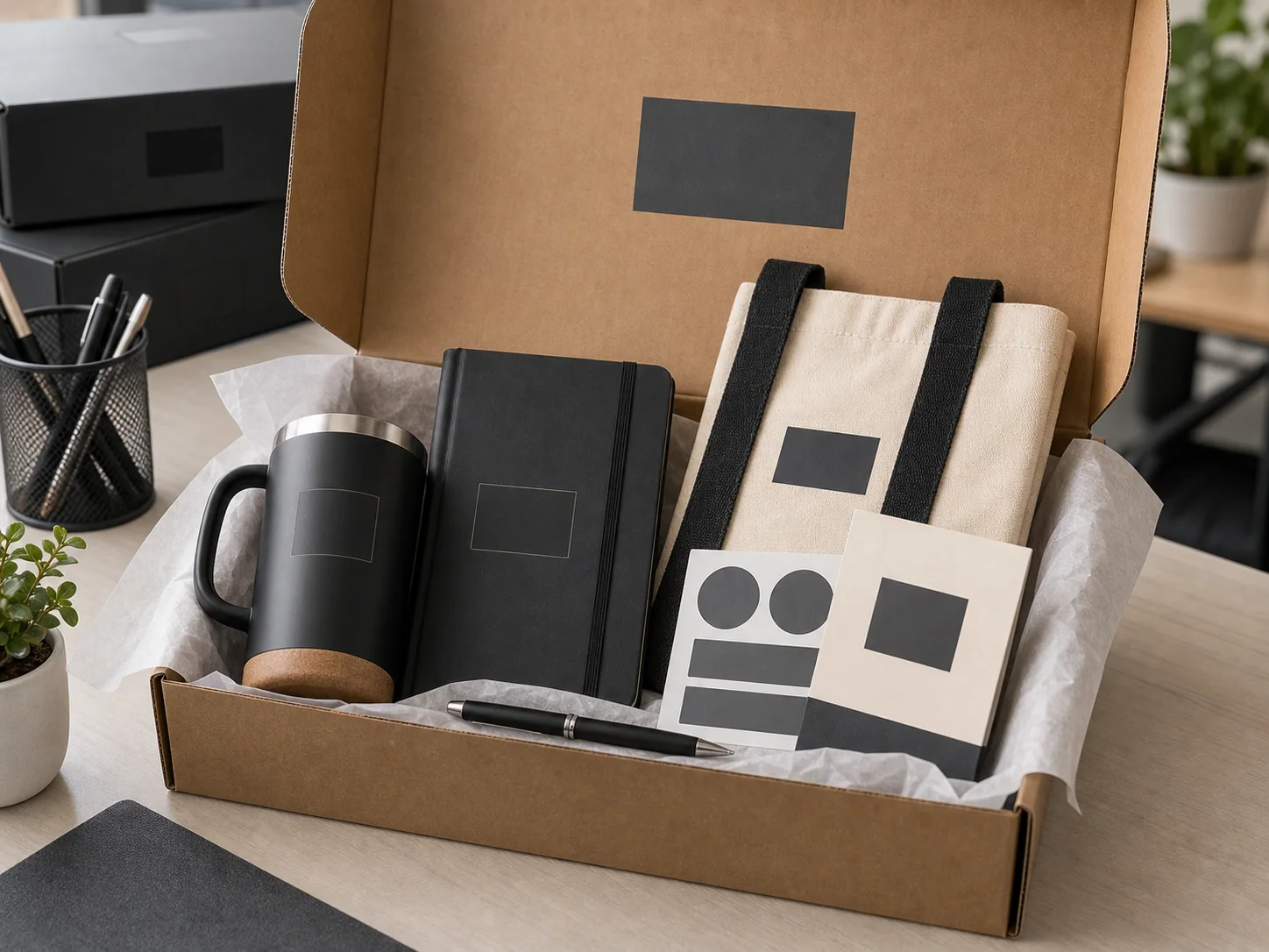 Company swag kit with branded tote mug notebook and welcome card