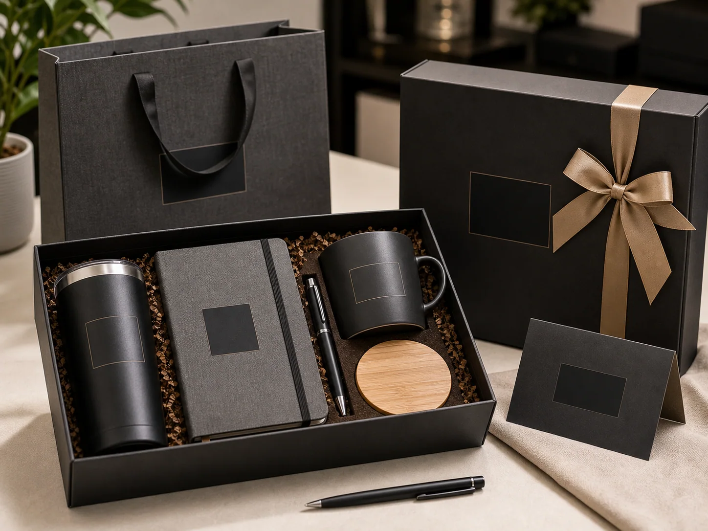 Premium client gift set with drinkware notebook pen and branded packaging