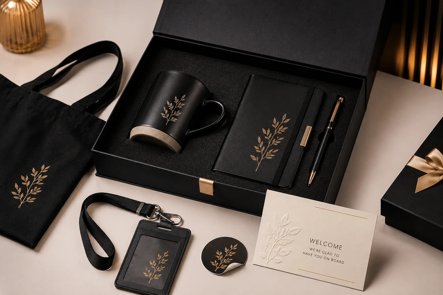 New employee welcome mug gift set with ceramic mug notebook pen card and custom packaging