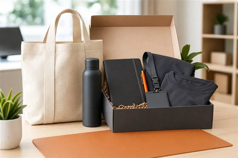 New employee welcome kit with branded mug notebook pen tote and welcome card