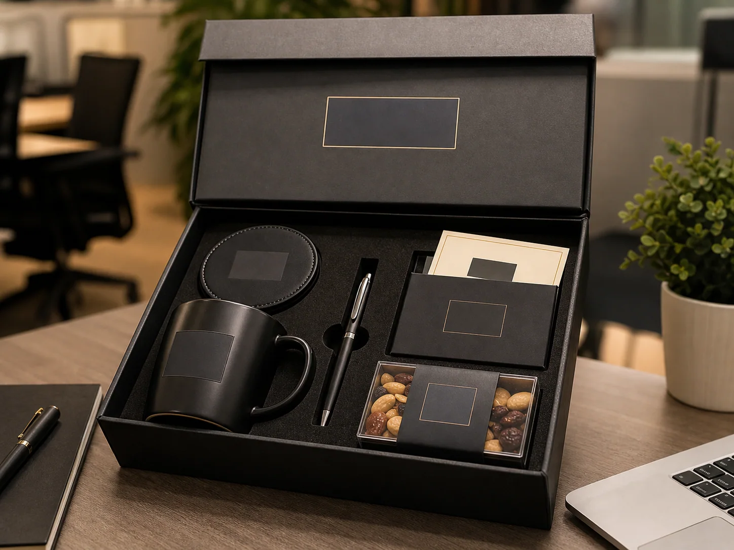 Client appreciation gift box with mug pen notebook card and premium packaging