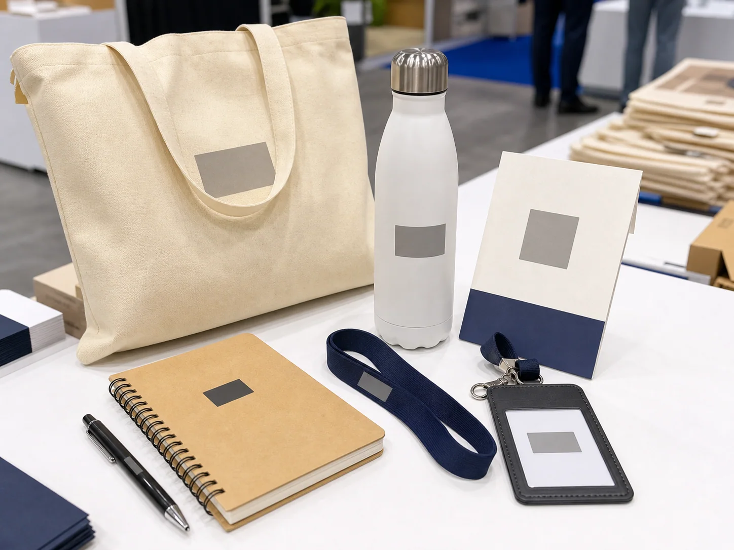 Conference giveaway kit with tote bottle notebook lanyard pen and card