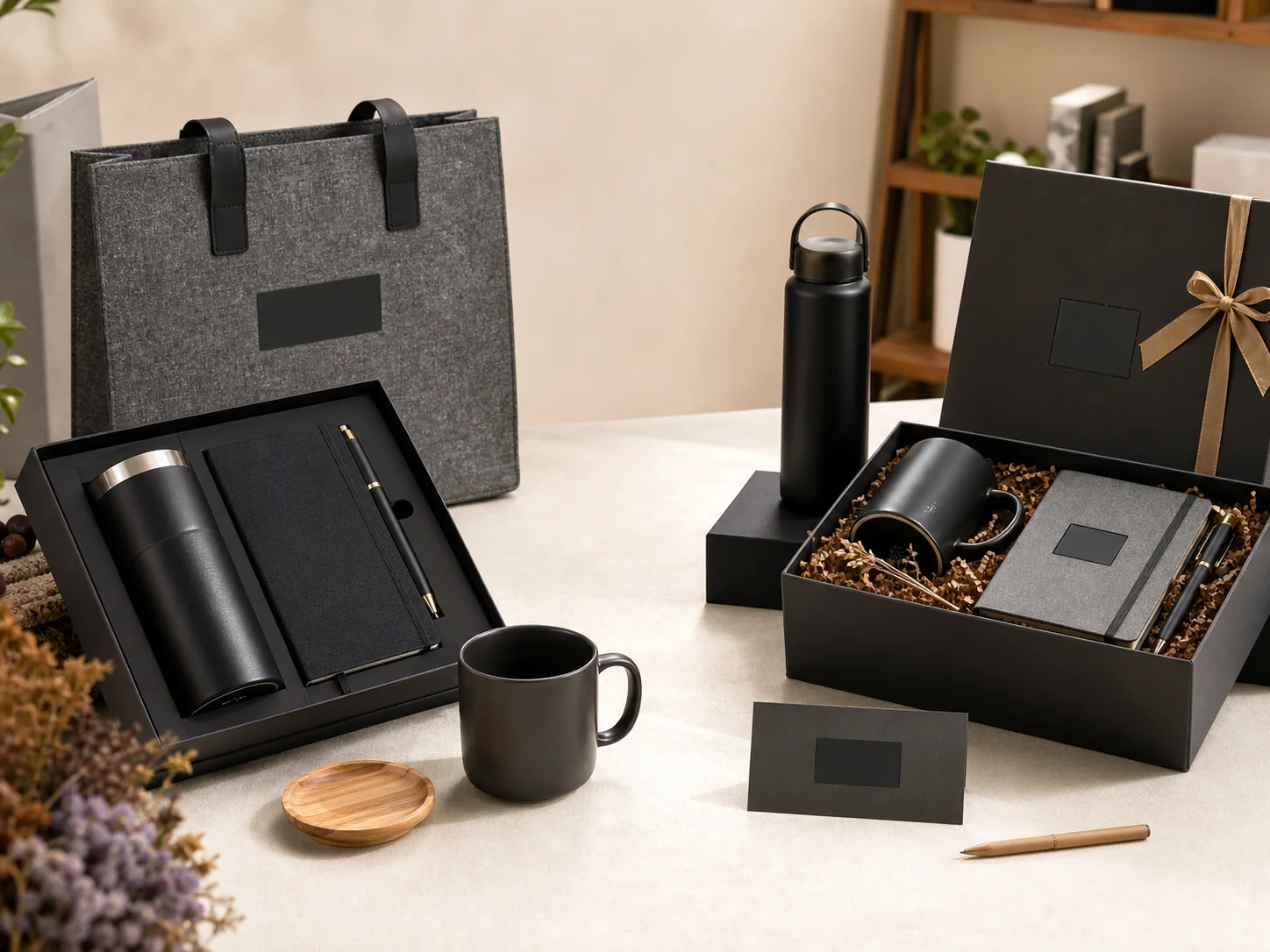 Corporate gift set samples with branded drinkware notebook pen and packaging