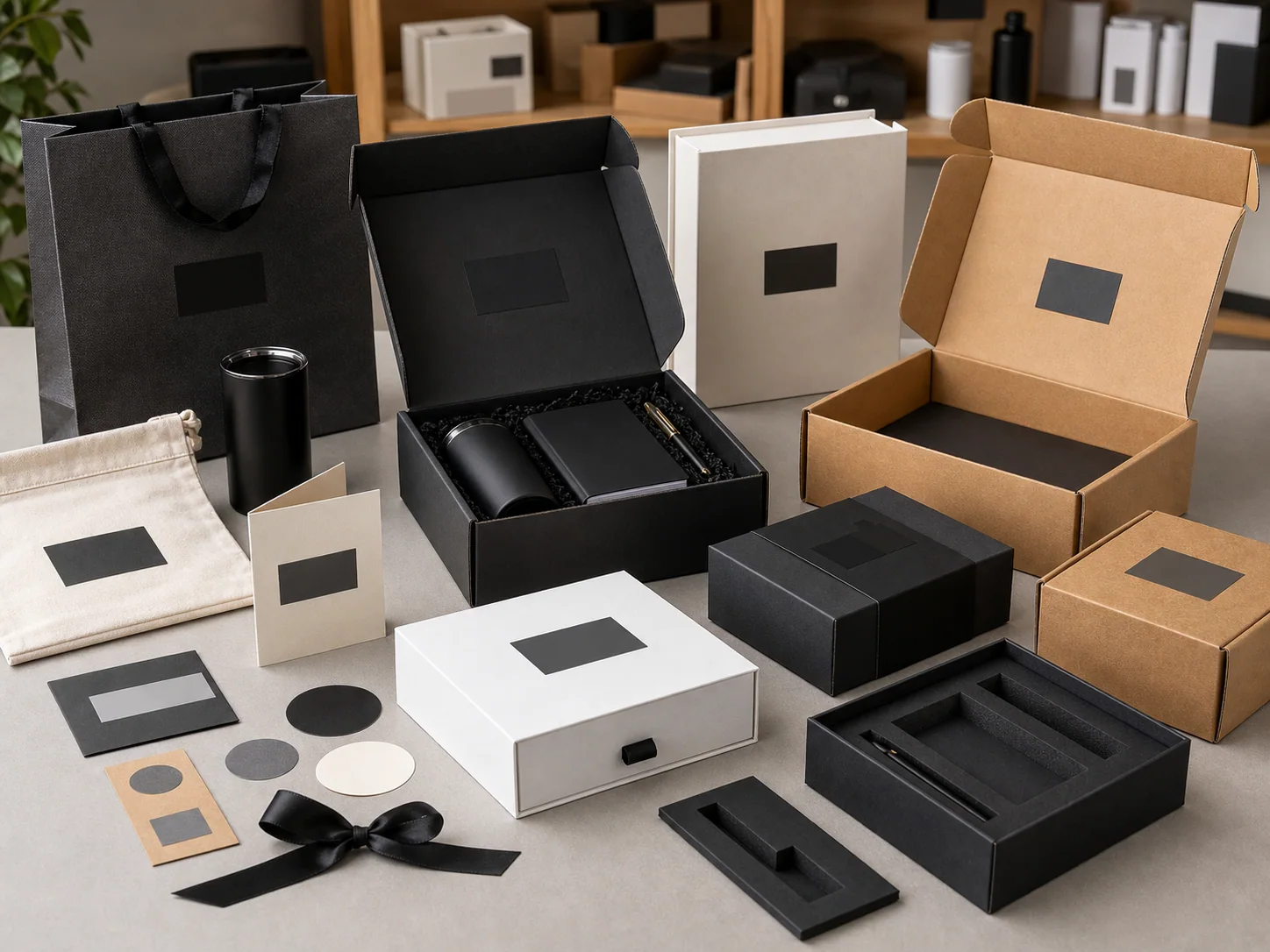 Custom corporate gift packaging boxes sleeves bags cards and stickers