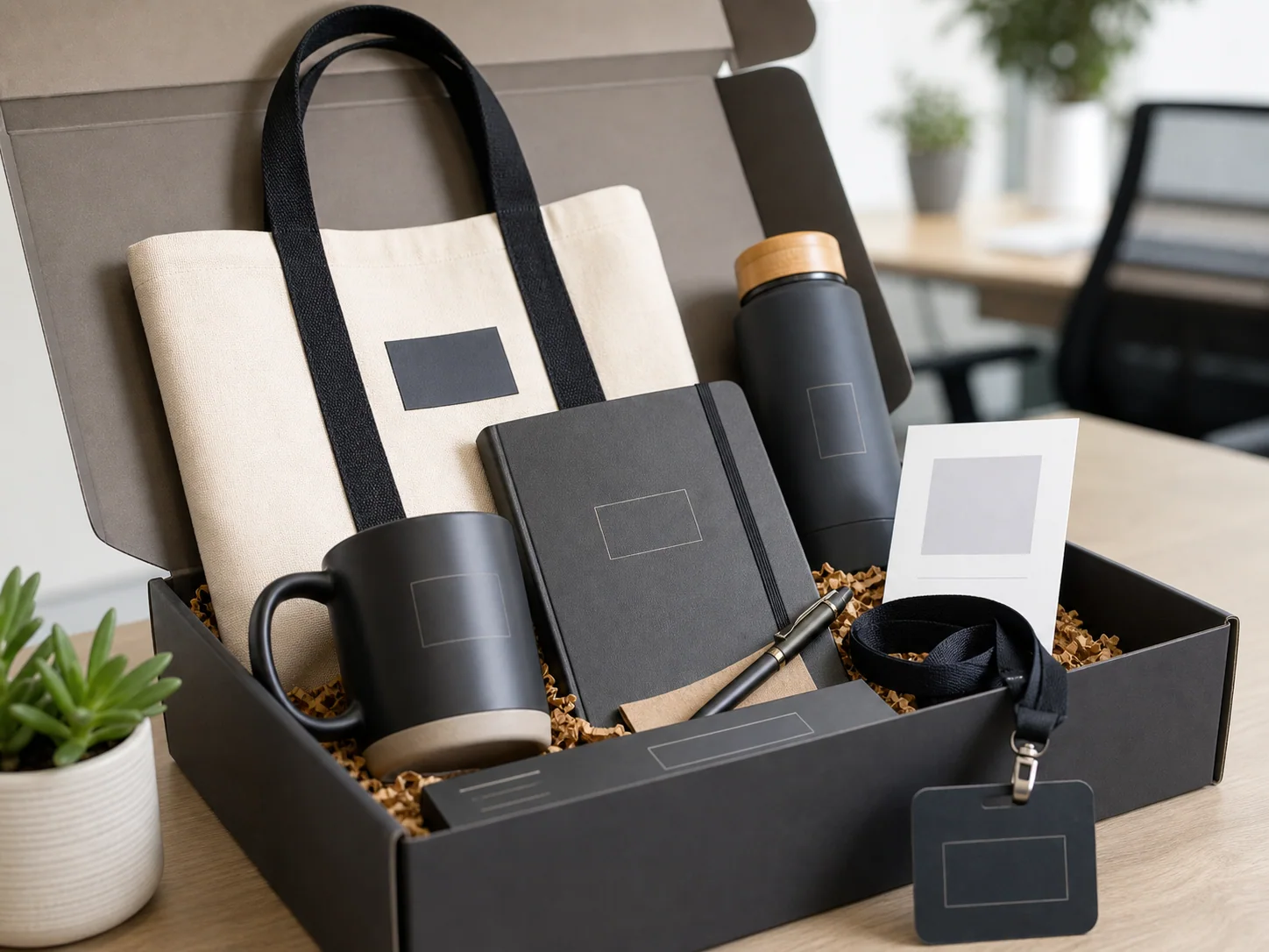 Employee welcome kit with tumbler notebook pen tote bag welcome card and custom box