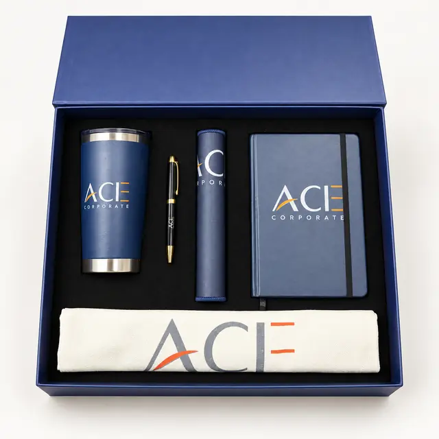 Navy desk gift set with tumbler notebook pen desk mat and cream accessory