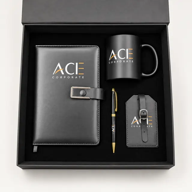 Black office and travel gift set with organizer, mug, pen and luggage tag