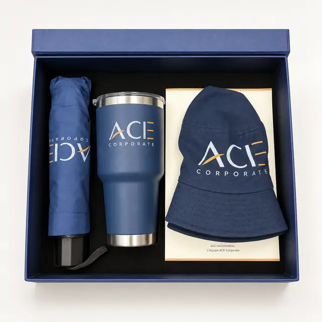 Navy umbrella travel tumbler and bucket hat gift set