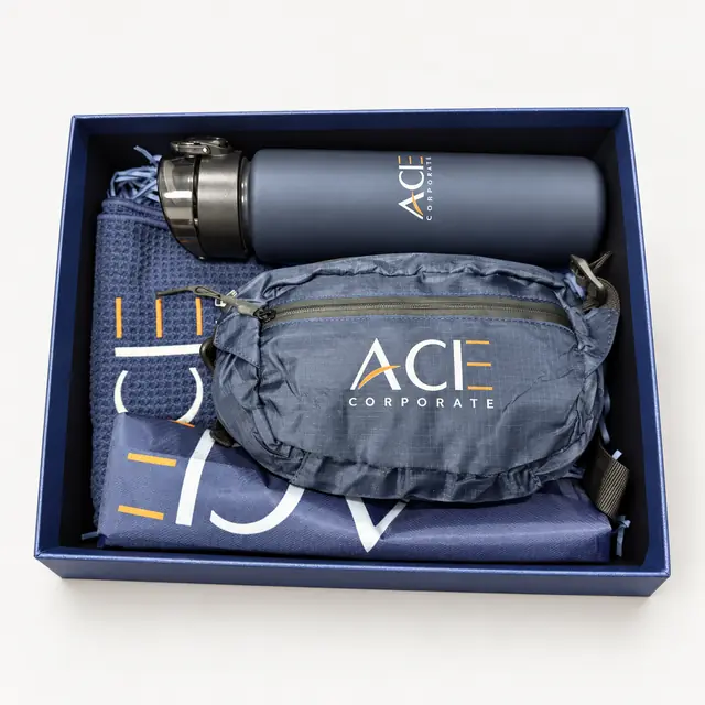 Navy sports bottle waist bag and textile accessories in gift tray