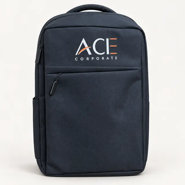 Dark navy backpack with front zip pocket and ACE Corporate artwork