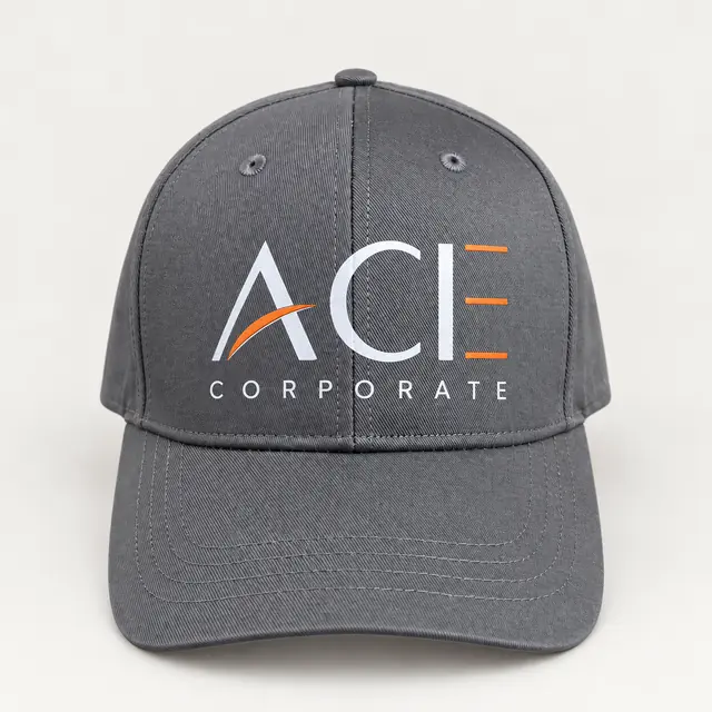 Gray baseball cap with curved brim and ACE Corporate artwork
