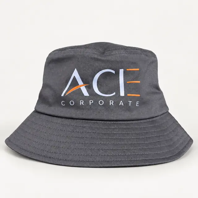 Gray bucket hat with ACE Corporate artwork and stitched brim