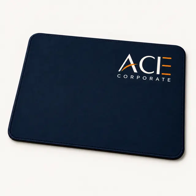 Navy rectangular mouse pad with stitched edges and ACE Corporate artwork