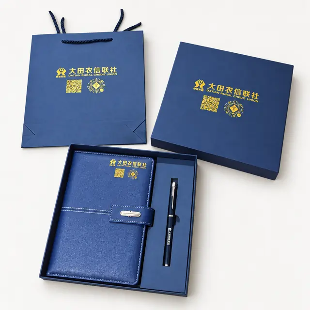 Navy organizer and pen set with matching gift box lid and paper bag