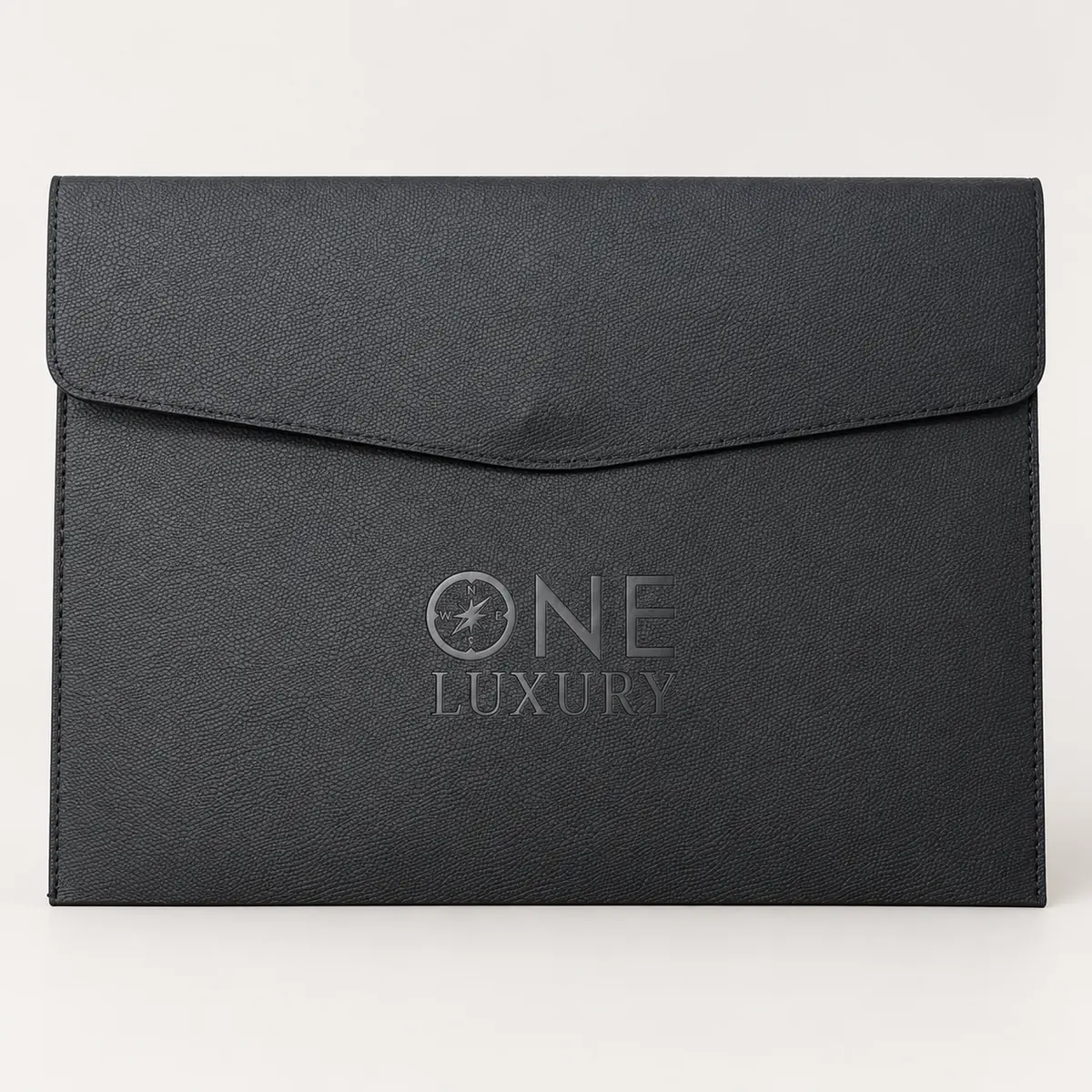Black envelope-style PU document pouch with a recessed logo sample