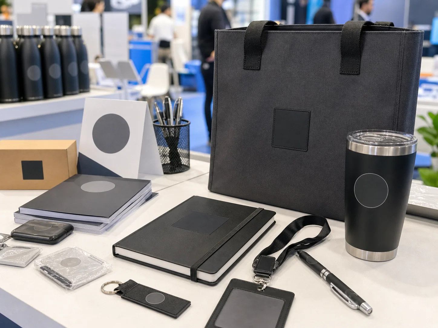 Trade show giveaway kit with tote notebook pen lanyard tumbler and insert card