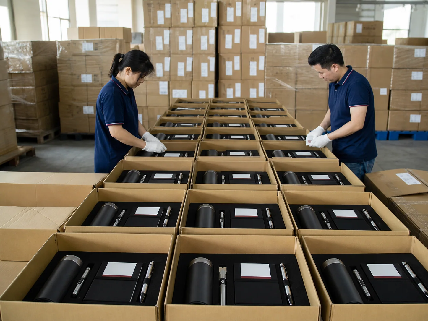 Bulk packing support for boxed corporate gift sets before shipment