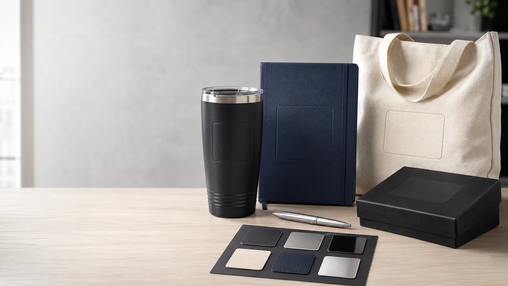 Custom logo gifts with branded drinkware notebooks pens and packaging samples