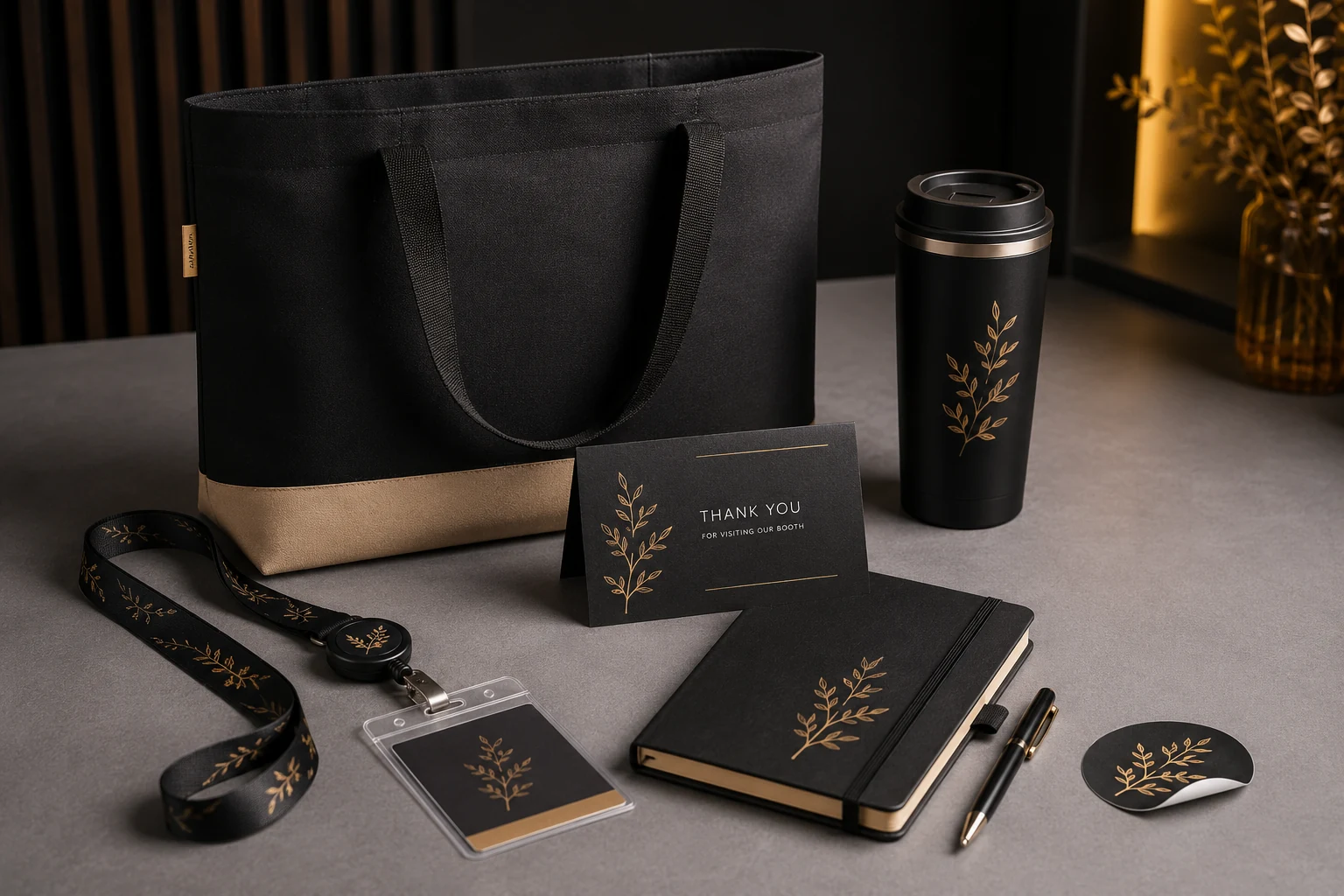 Trade show giveaway kit with tote bag notebook pen lanyard badge holder and event card